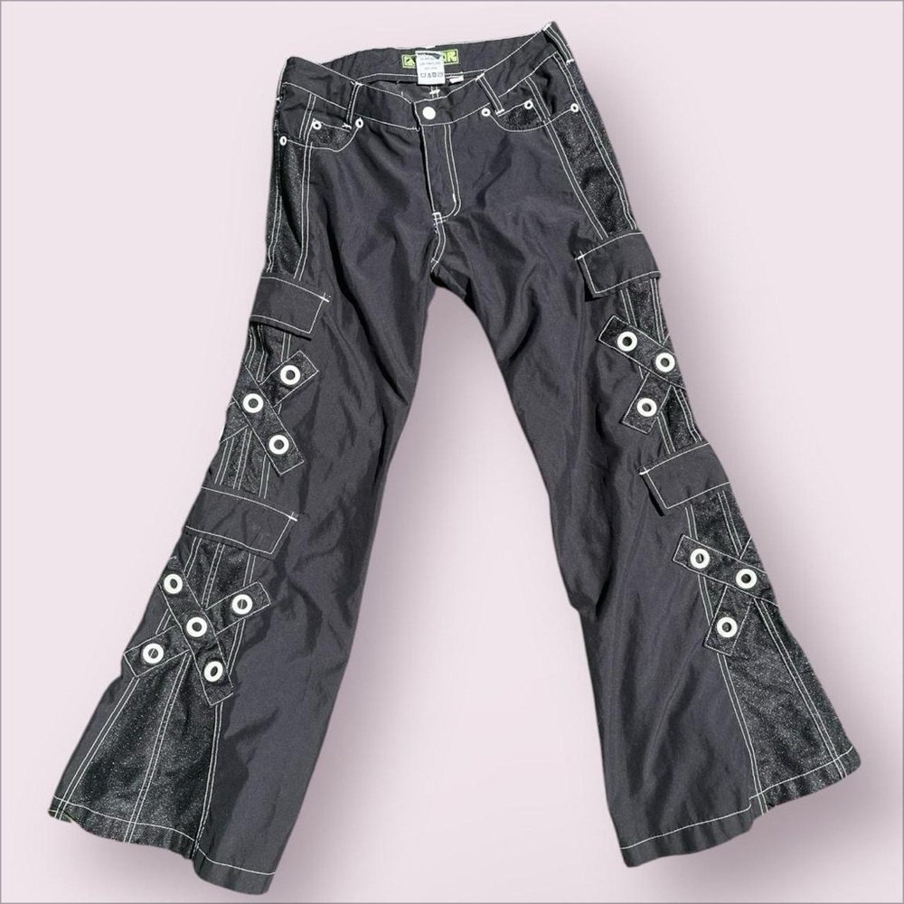 Y2K Macgirl Black Wide Leg Flare Rave Pants With Glow in the Dark Grommets